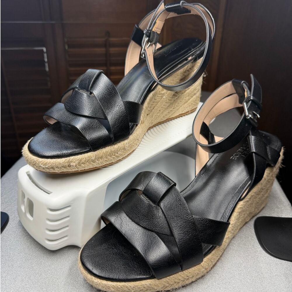 Market & Spruce Black Ankle Strap Espadrille Wedge Sandals Womens Size 7